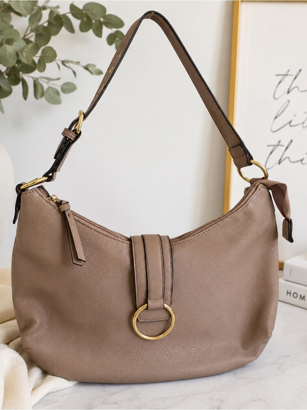Bueno Taupe Slouchy Hobo Shoulder Bag Gold Hardware Large Everyday Purse Y2K